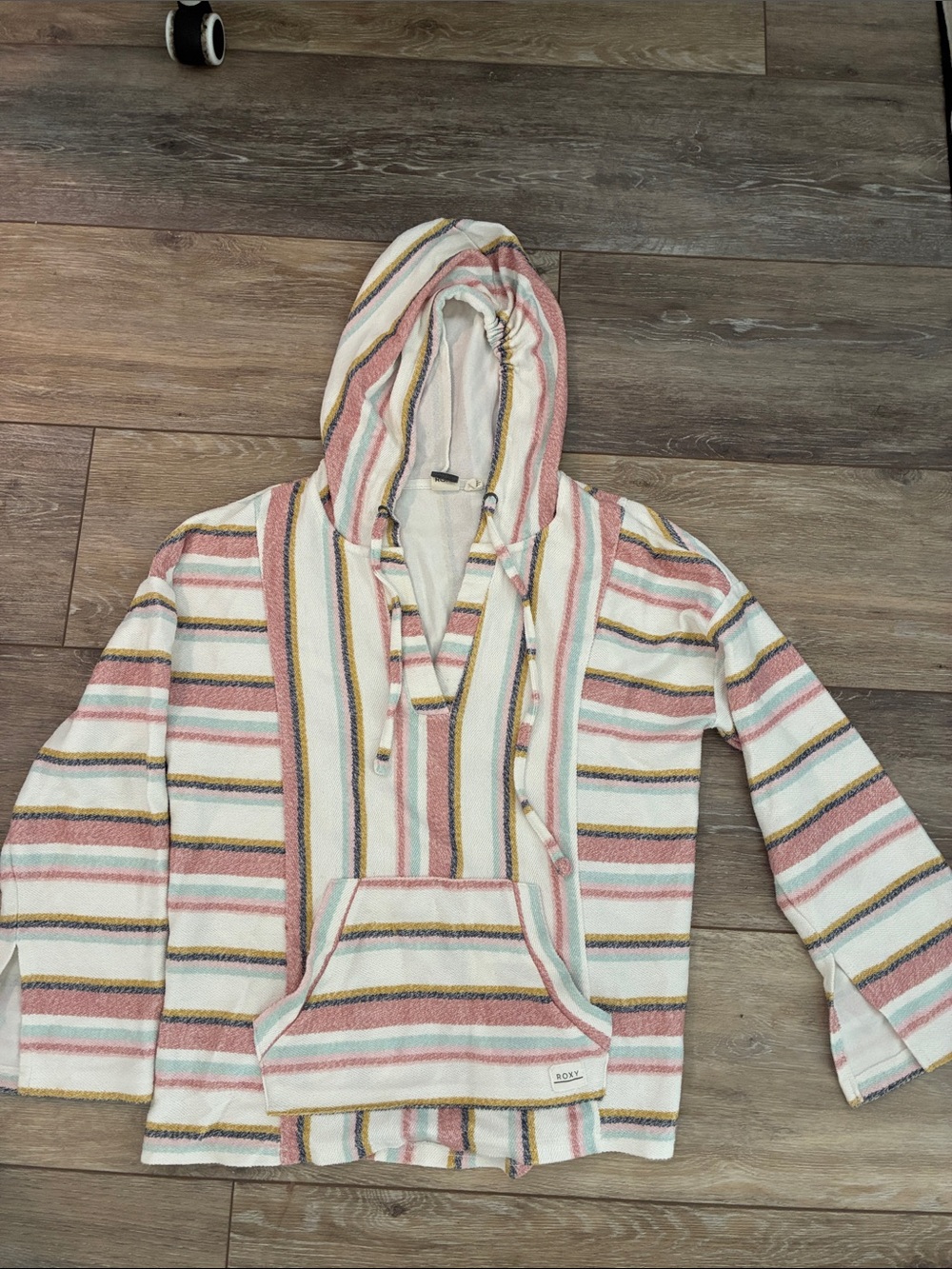Roxy Striped Hooded Baja Pullover in Cream, Pink & Green
